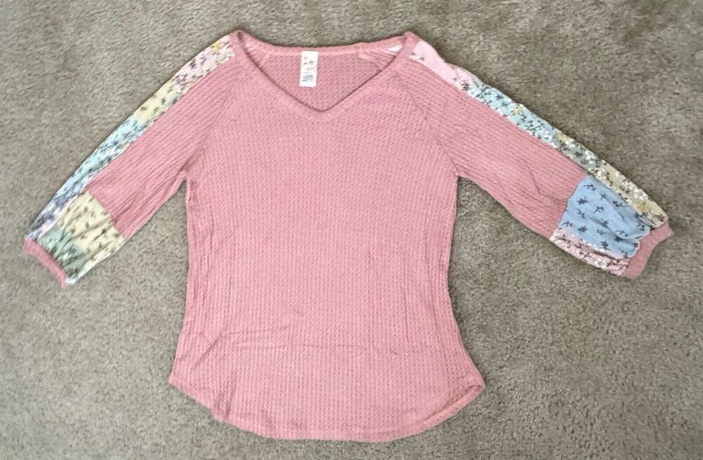 7th Ray Waffle Knit Tee VNeck Blouse Pink Floral Womens Small Balloon Sleeve NEW